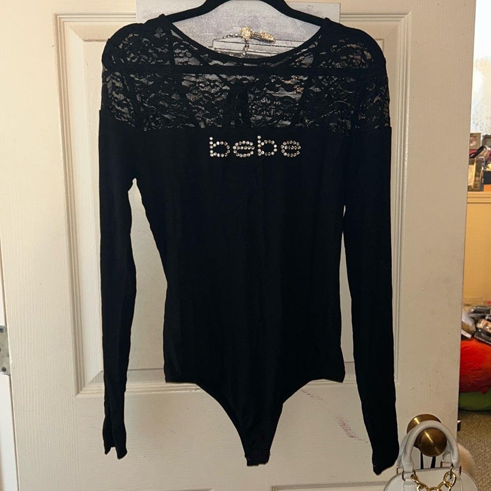 Bebe Size Large Black Rhinestone Bodysuit with Lace Detail